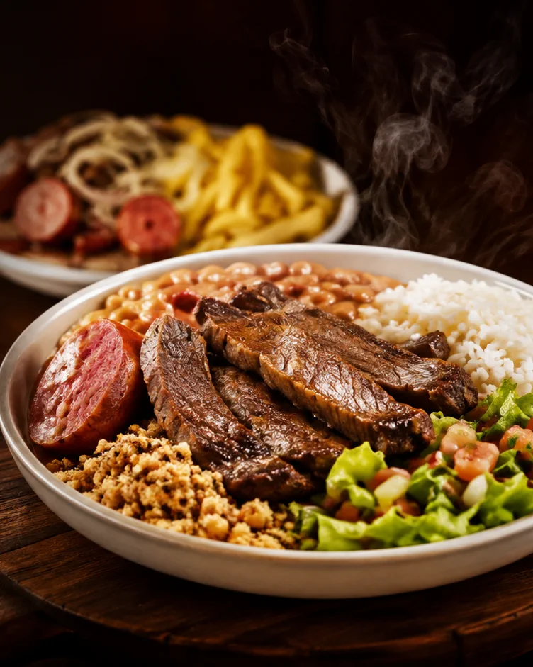 Prato de churrasco na brasa com carne, linguiça, arroz, feijão, farofa e vinagrete