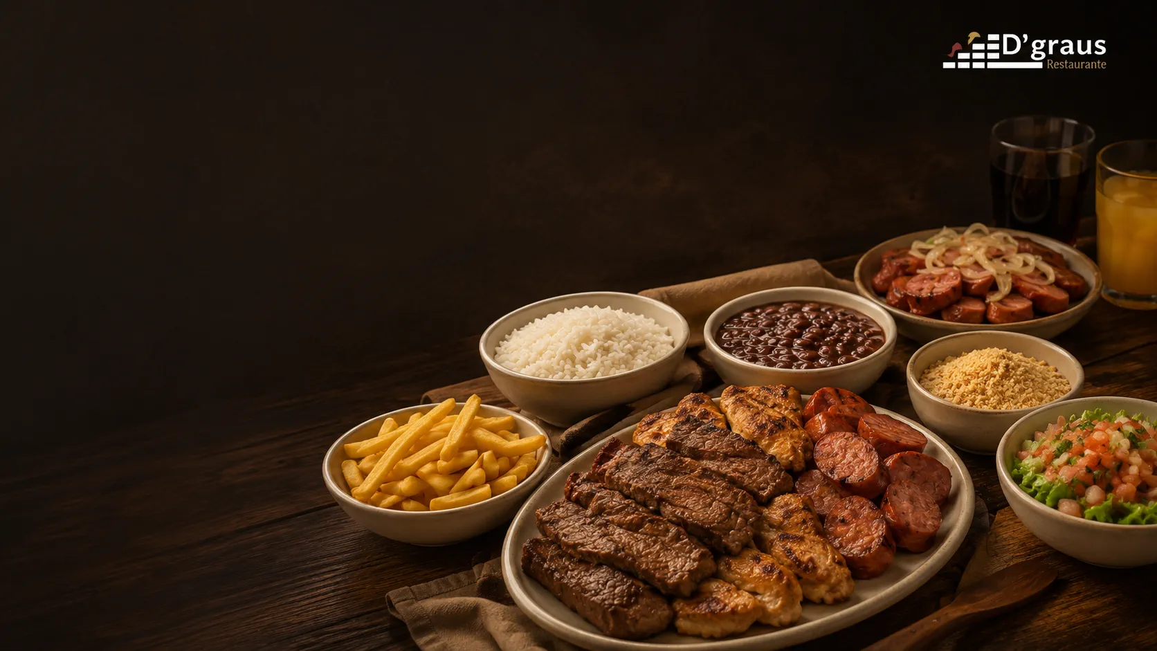 Combo do D'Graus com travessa de carnes variadas e tigelas de arroz, feijão, farofa e fritas