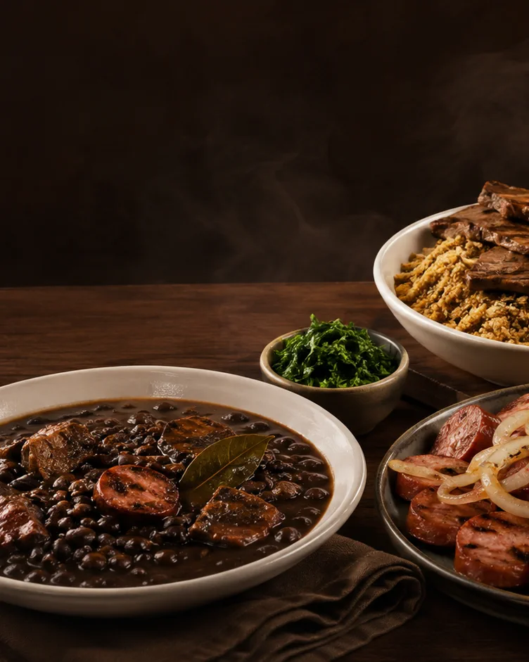 Feijoada servida com couve, farofa e acompanhamentos
