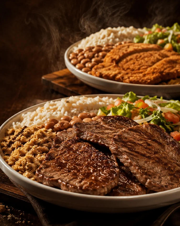 Prato feito com bife grelhado, arroz, feijão, farofa e salada