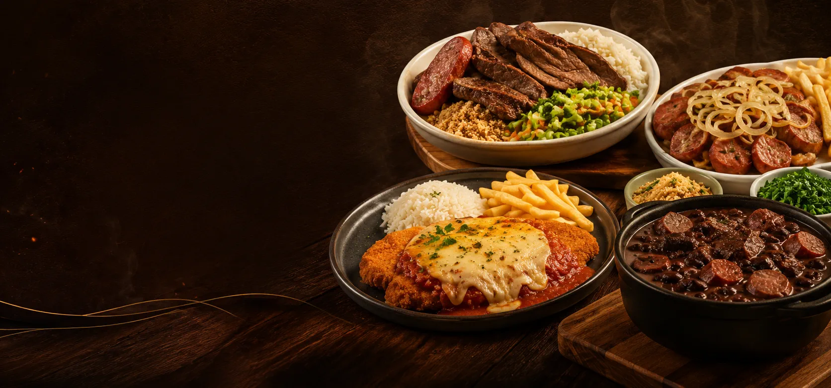 Mesa com prato de churrasco, parmegiana, calabresa acebolada e feijoada do D'Graus Restaurante